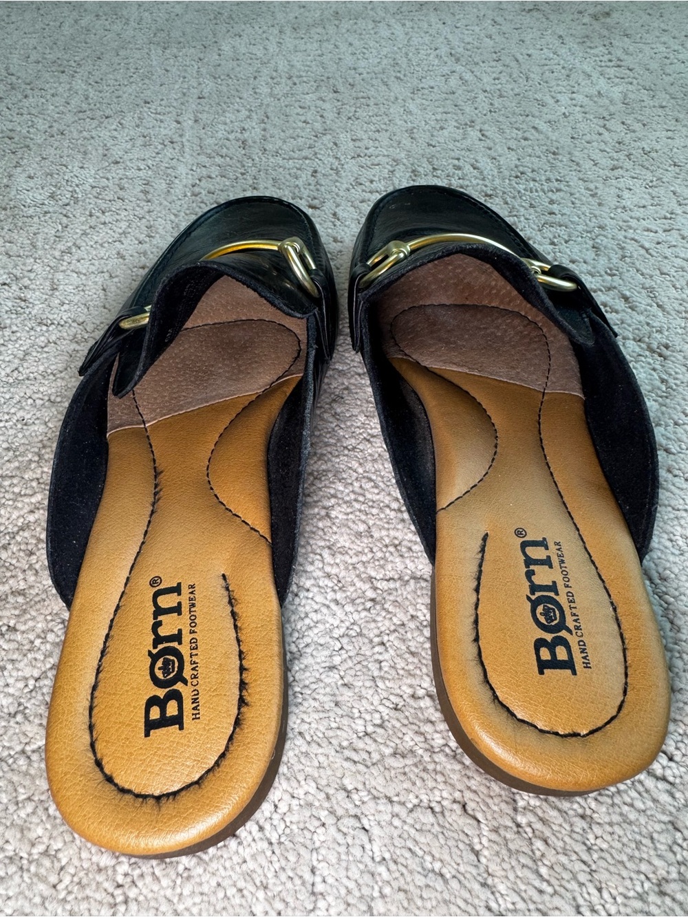 Born Black Leather Backless Loafers with Gold Horsebit - Picture 5 of 7